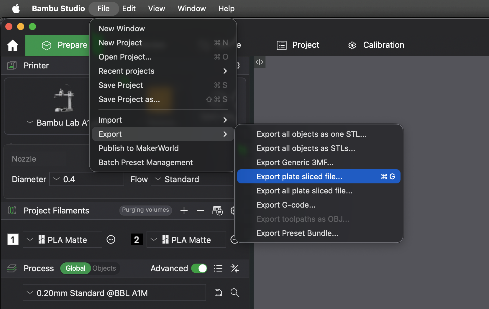 Bambu Studio File menu showing Export options with 'Export plate sliced file' highlighted